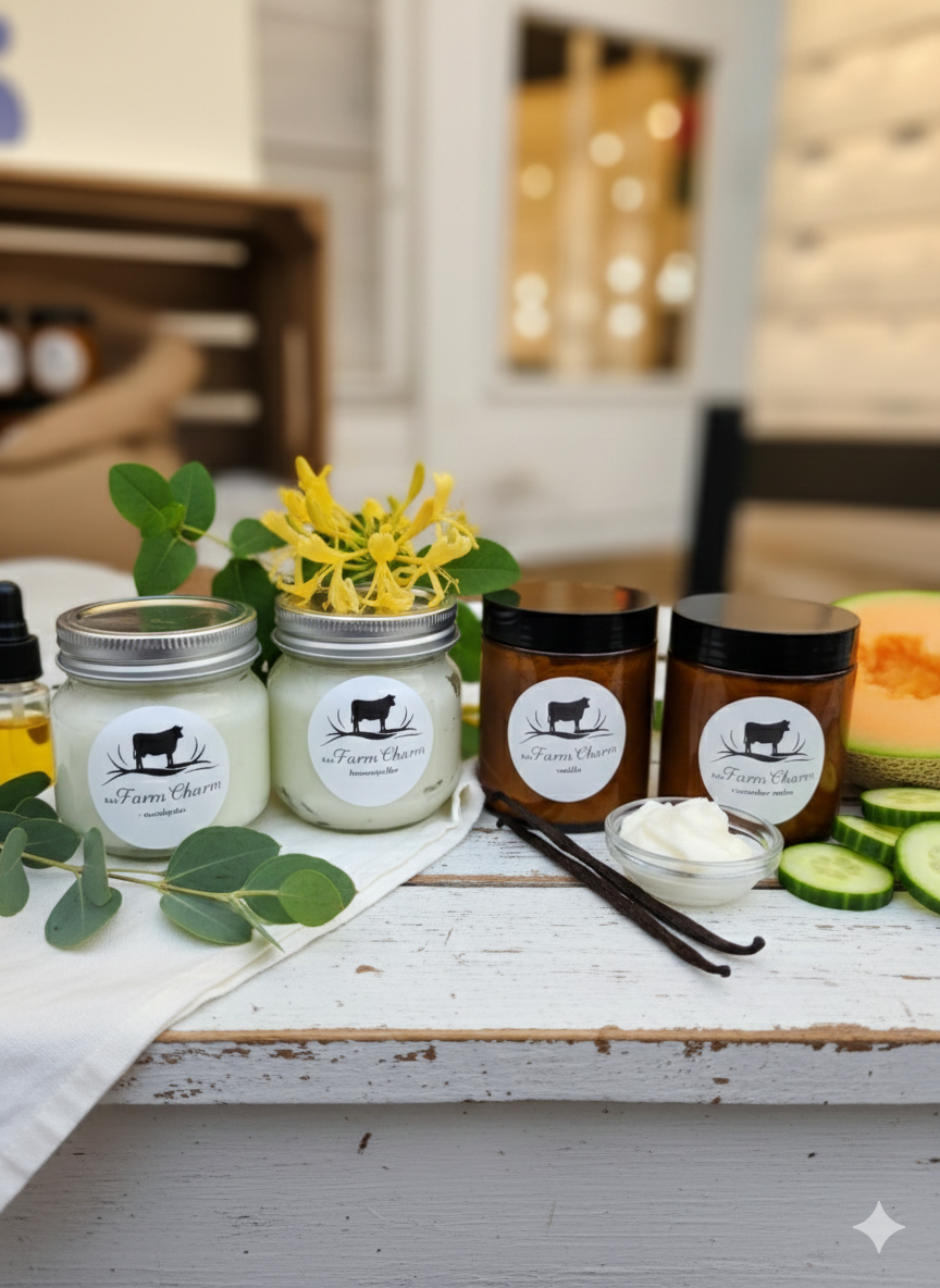 Jars of cream with labels on a rustic wooden table with decorative elements.