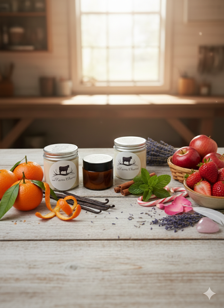 Spices, fruits, and jars on a wooden table with a kitchen background